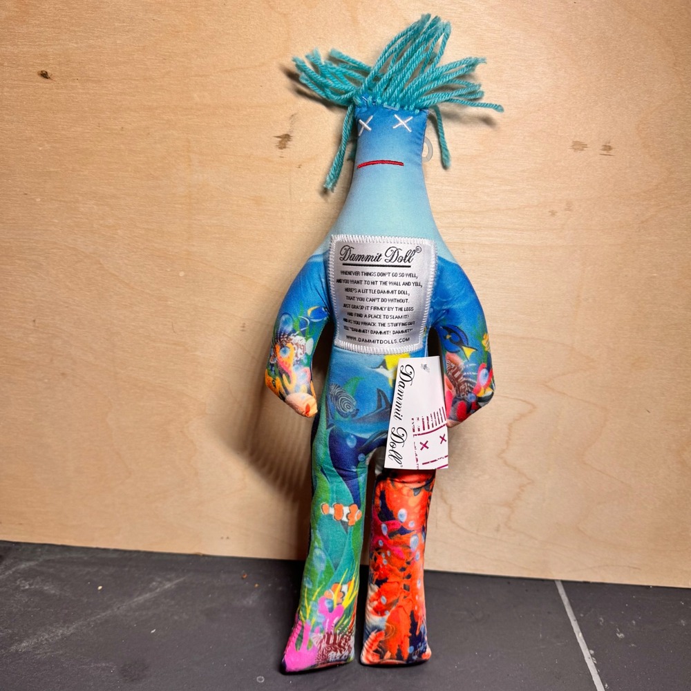 NWT Blue Dammit Doll Stress Relief Gag Gift‎ Tropical Ocean Fish Print Squishy